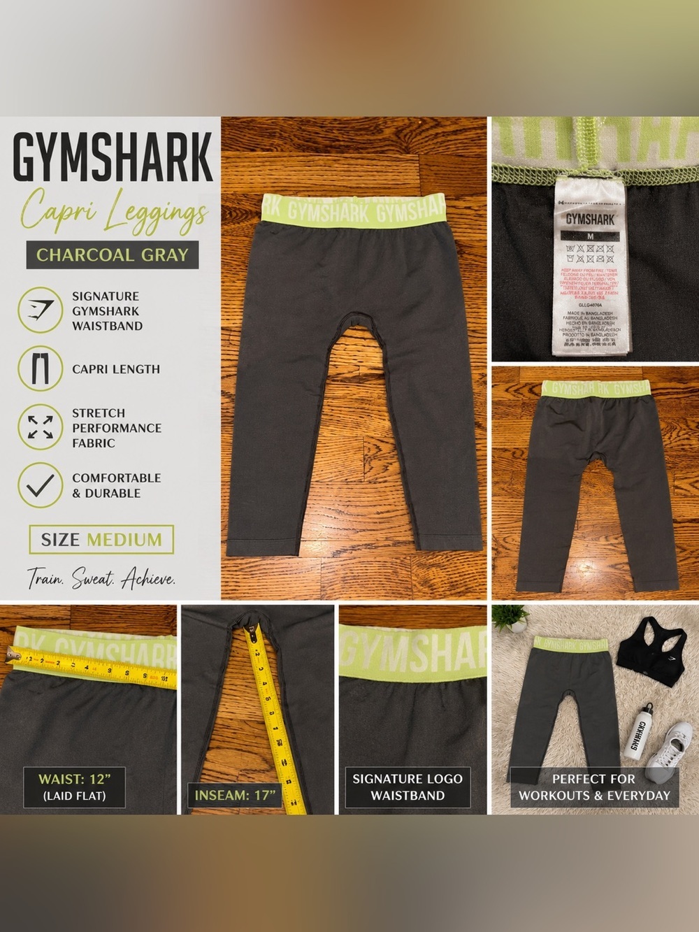 Gymshark Charcoal Gray Capri Leggings Lime Green Logo Waistband Size Medium
